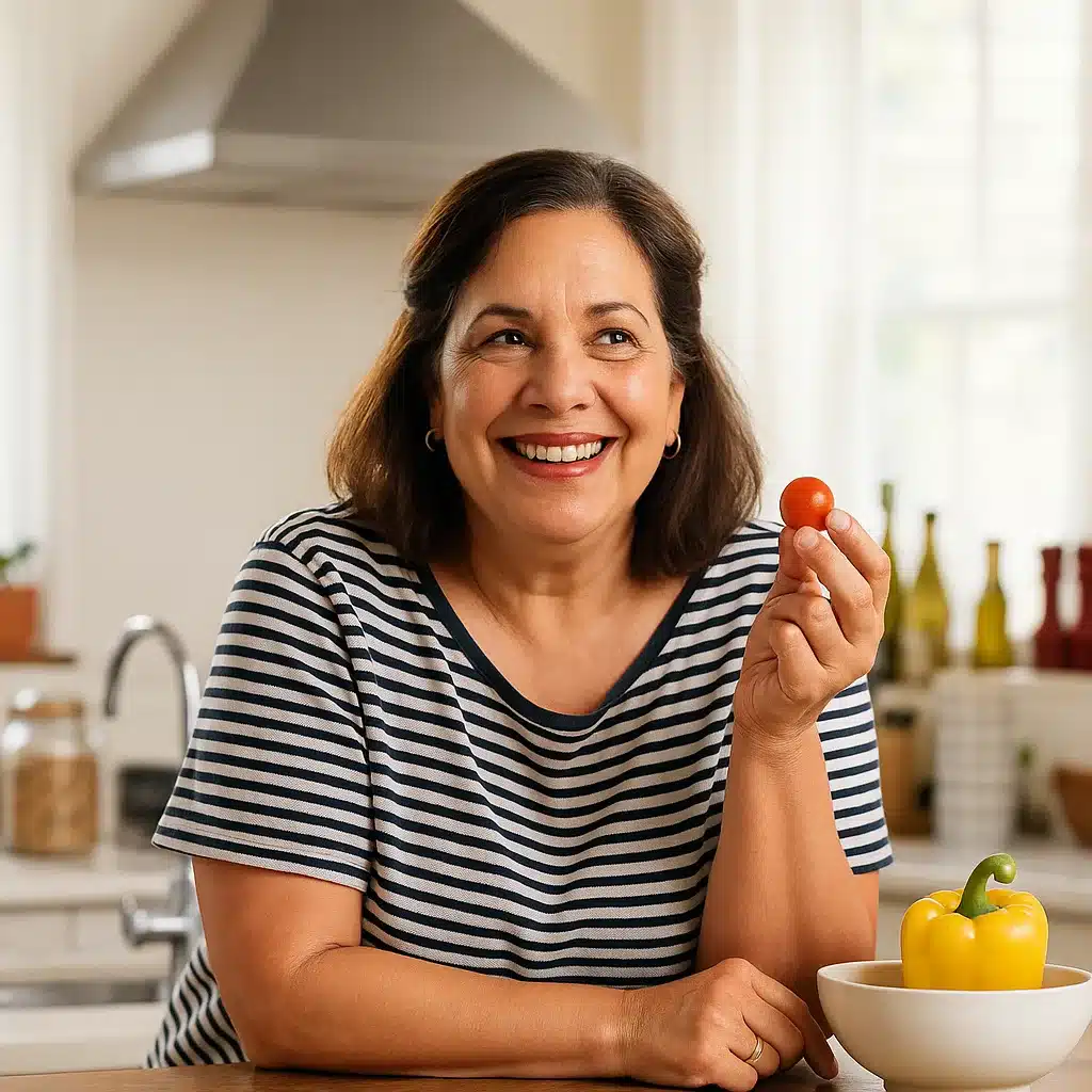 About Me 1 Smiling woman in a striped shirt holding a cherry tomato in a bright kitchen