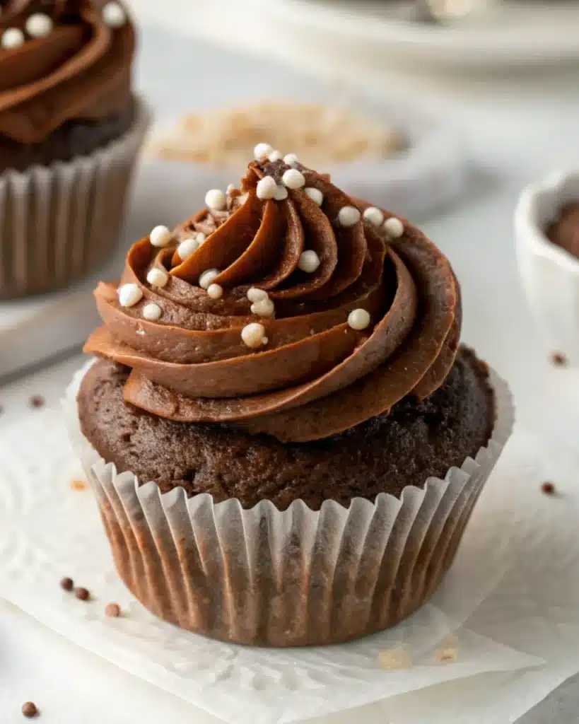 Gluten-Free Chocolate Cupcakes – The Ultimate Moist & Fluffy Recipe Guide 6 Gluten-free chocolate cupcake with piped chocolate frosting and mini pearls