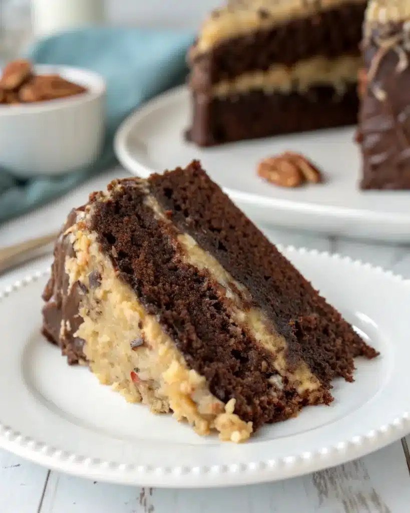 Gluten Free German Chocolate Cake (Decadent & Moist Layered Recipe) 1 gluten free German chocolate cake on rustic cake stand