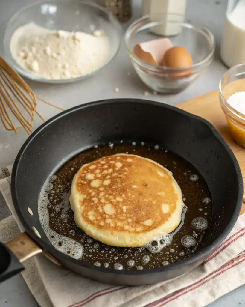 Gluten-Free Pancake Recipe: The Ultimate Guide to Light, Fluffy Mornings 9 gluten free pancake cooking on skillet with bubbles forming