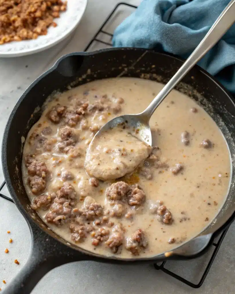 Gluten Free Biscuits and Gravy – The Ultimate Comfort Breakfast Recipe 3 Gluten free sausage gravy cooking in a skillet