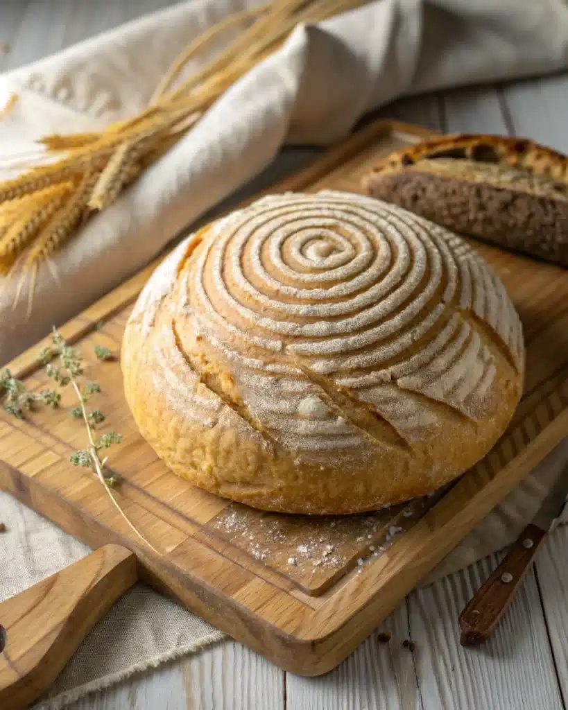 Gluten Free Sourdough Bread: The Ultimate Guide for Delicious Homemade Loaves 6 Whole gluten free sourdough bread loaf with decorative scoring on towel