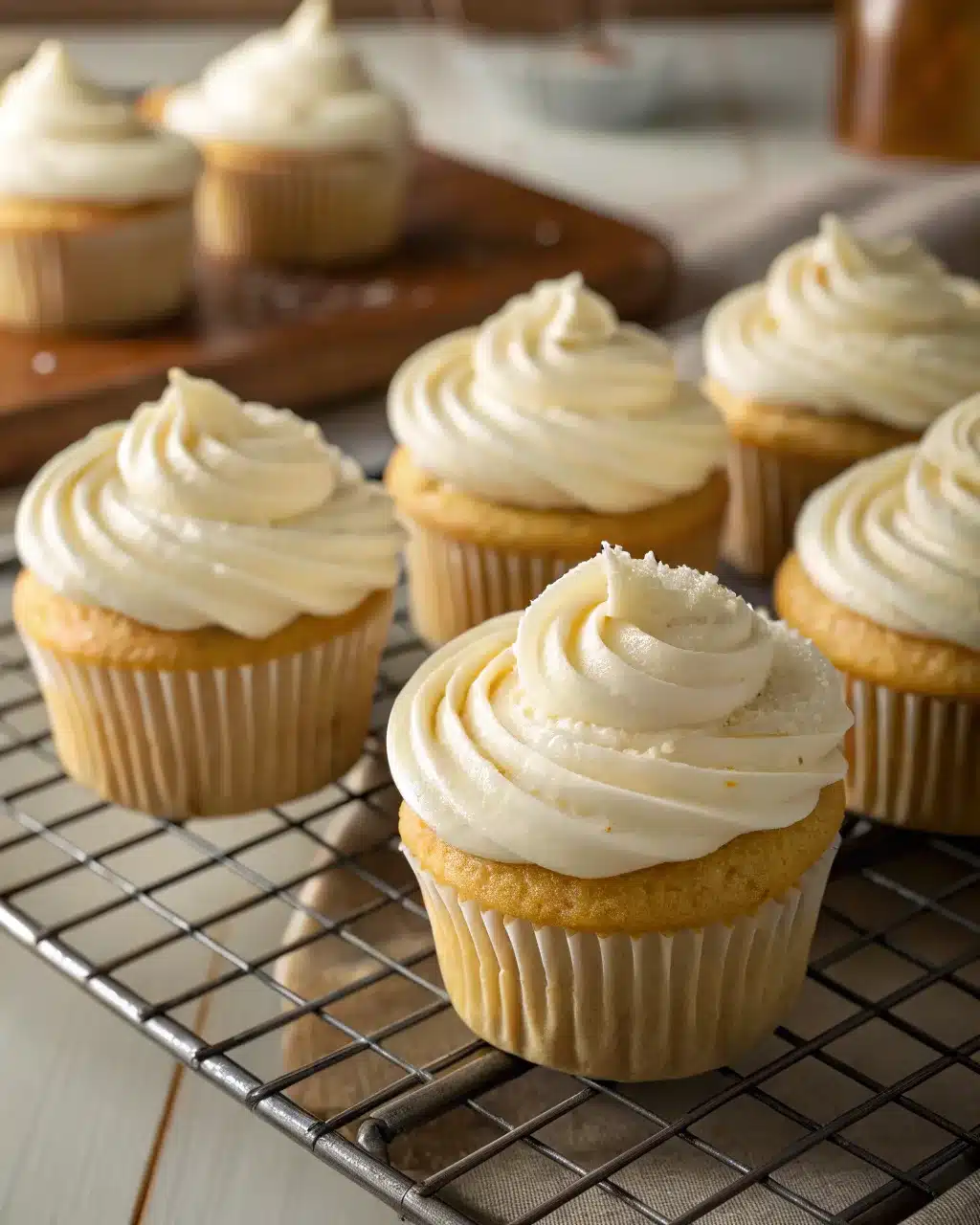 The Best Gluten-Free Vanilla Cupcakes: Fluffy, Moist & Easy to Make 2 gluten-free vanilla cupcakes with buttercream frosting on a cooling rack