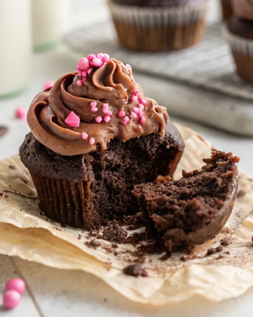 Gluten-Free Chocolate Cupcakes – The Ultimate Moist & Fluffy Recipe Guide 10 Half-eaten gluten-free chocolate cupcake with pink sprinkles and chocolate frosting