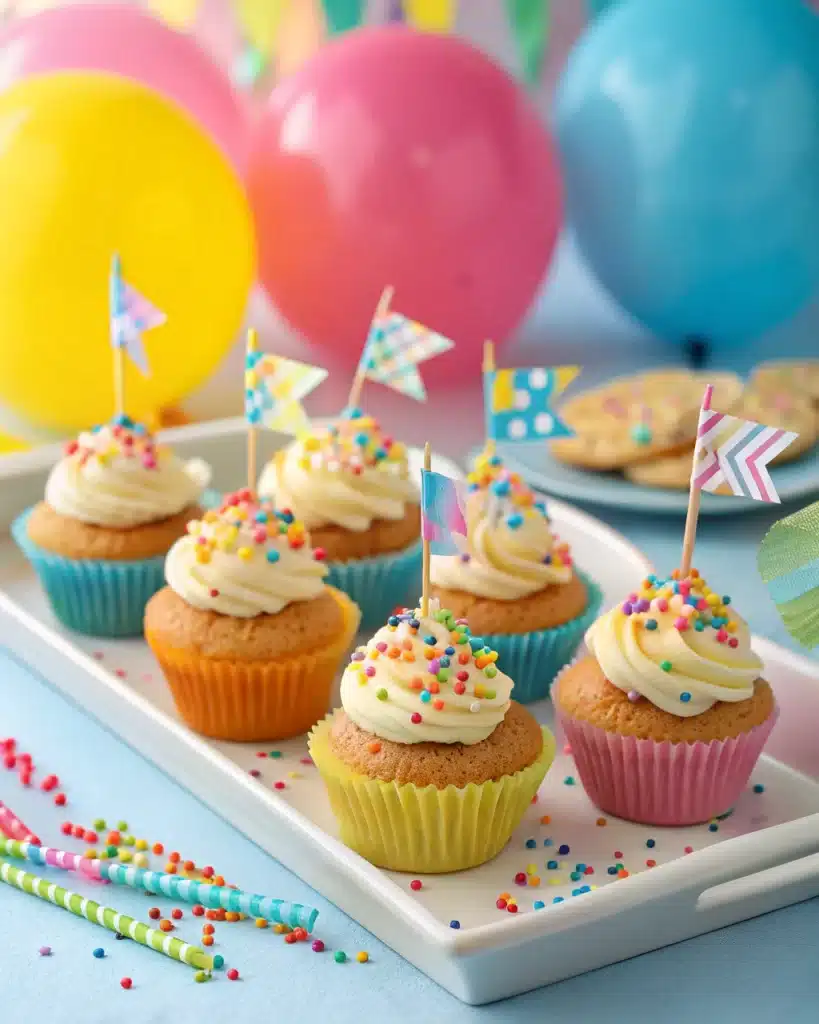 The Best Gluten-Free Vanilla Cupcakes: Fluffy, Moist & Easy to Make 4 mini gluten-free vanilla cupcakes decorated for birthday party