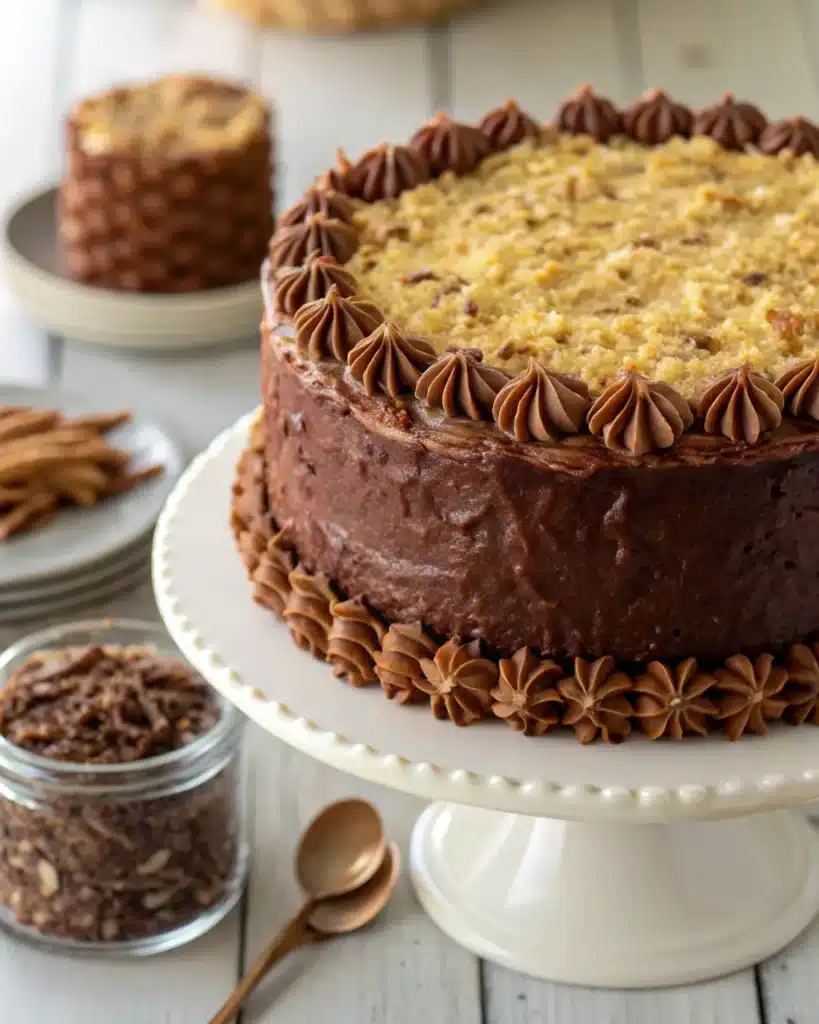 Gluten Free German Chocolate Cake (Decadent & Moist Layered Recipe) 4 fully assembled gluten free german chocolate cake with coconut pecan frosting