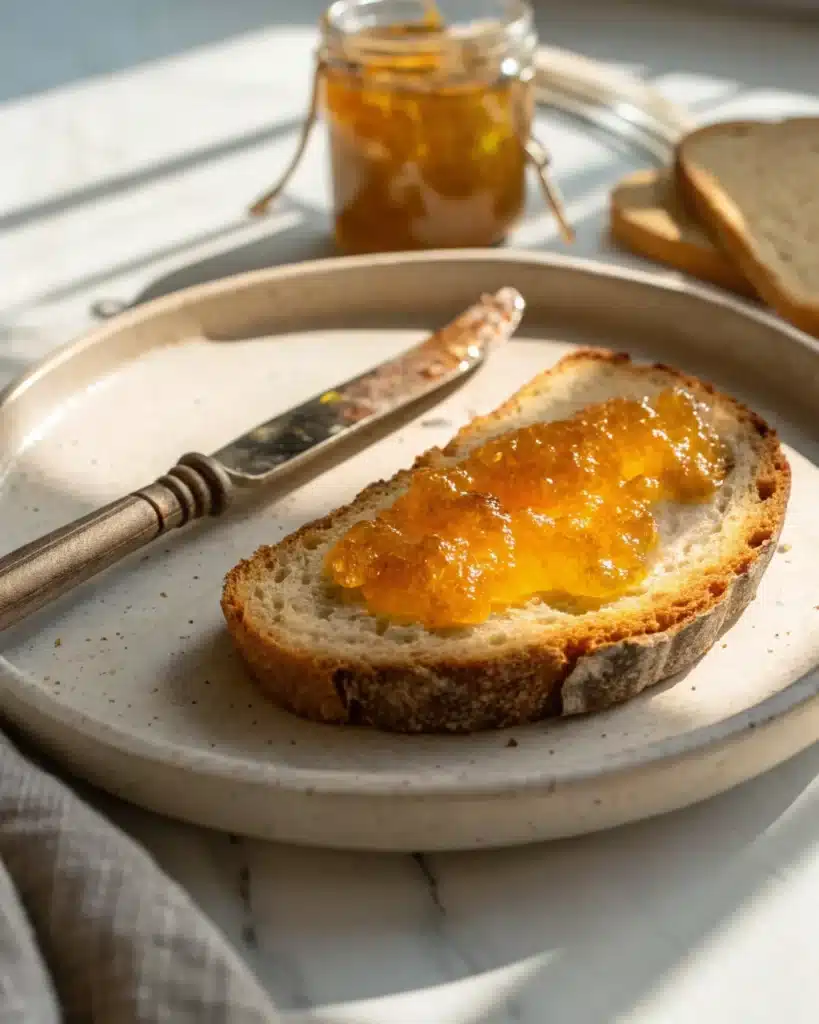 Gluten Free Sourdough Bread: The Ultimate Guide for Delicious Homemade Loaves 9 Toasted gluten free sourdough bread with golden jam and sea salt on ceramic plate