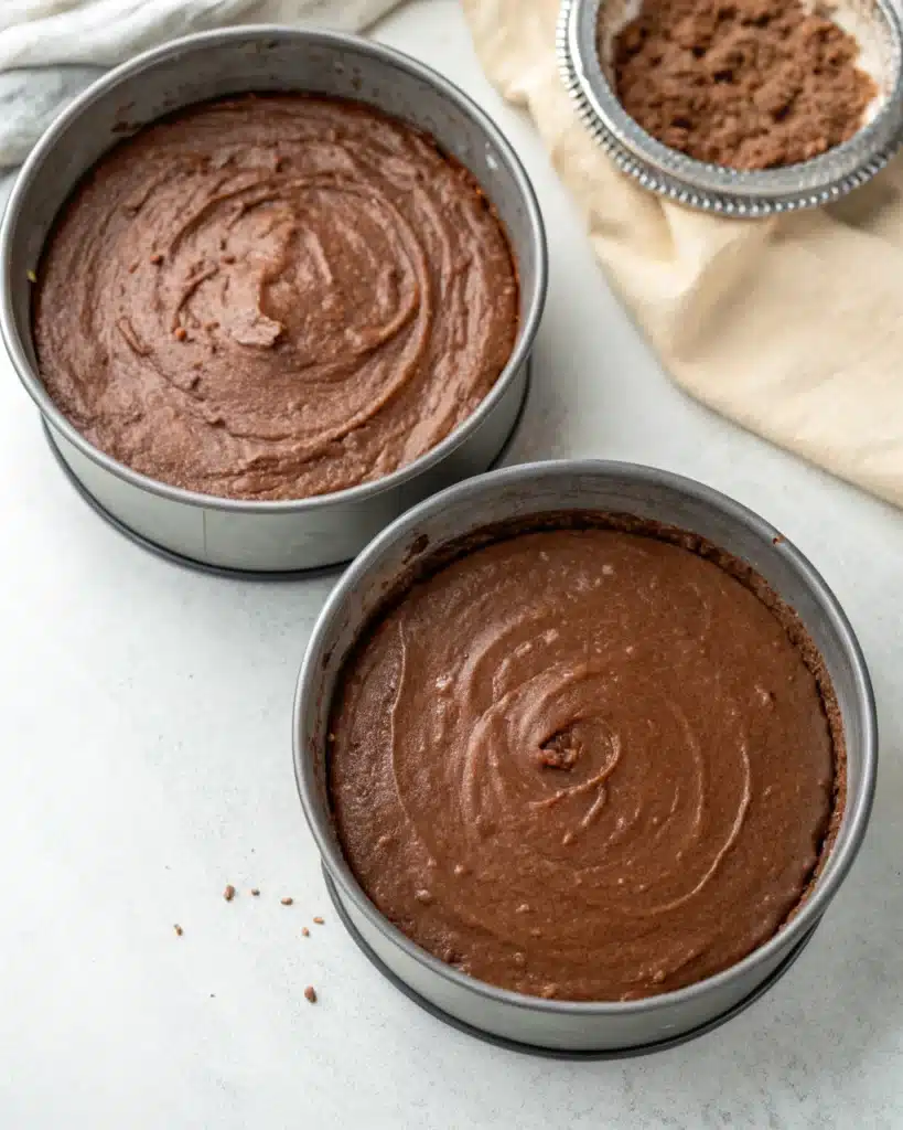 Gluten Free German Chocolate Cake (Decadent & Moist Layered Recipe) 3 gluten free german chocolate cake batter in round baking pans