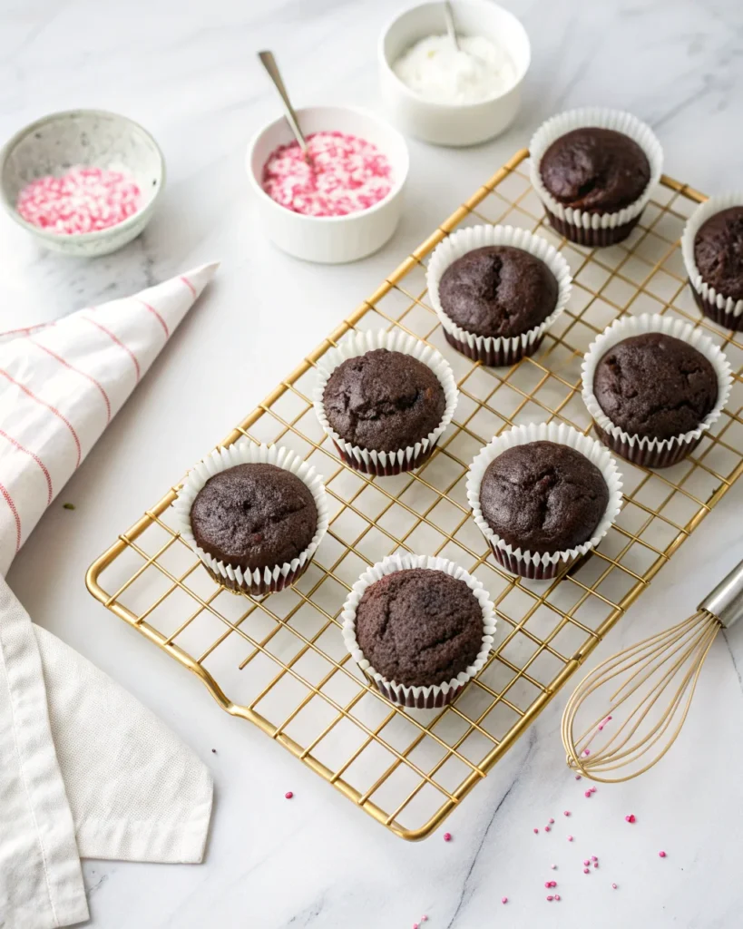 Gluten-Free Chocolate Cupcakes – The Ultimate Moist & Fluffy Recipe Guide 9 Unfrosted chocolate cupcakes cooling on rack with pink and white sprinkles nearby
