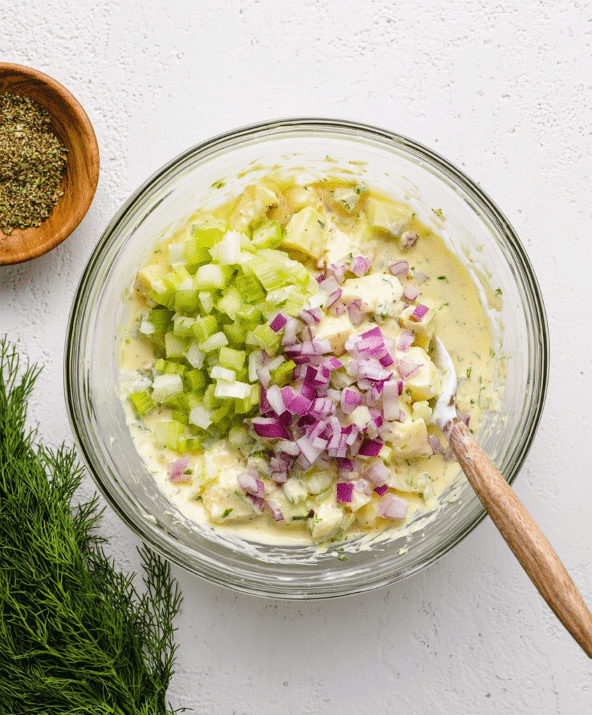 Gluten-Free Potato Salad – A Tangy & Creamy Favorite for Every Season 6 Chopped celery and red onions added to creamy dressing