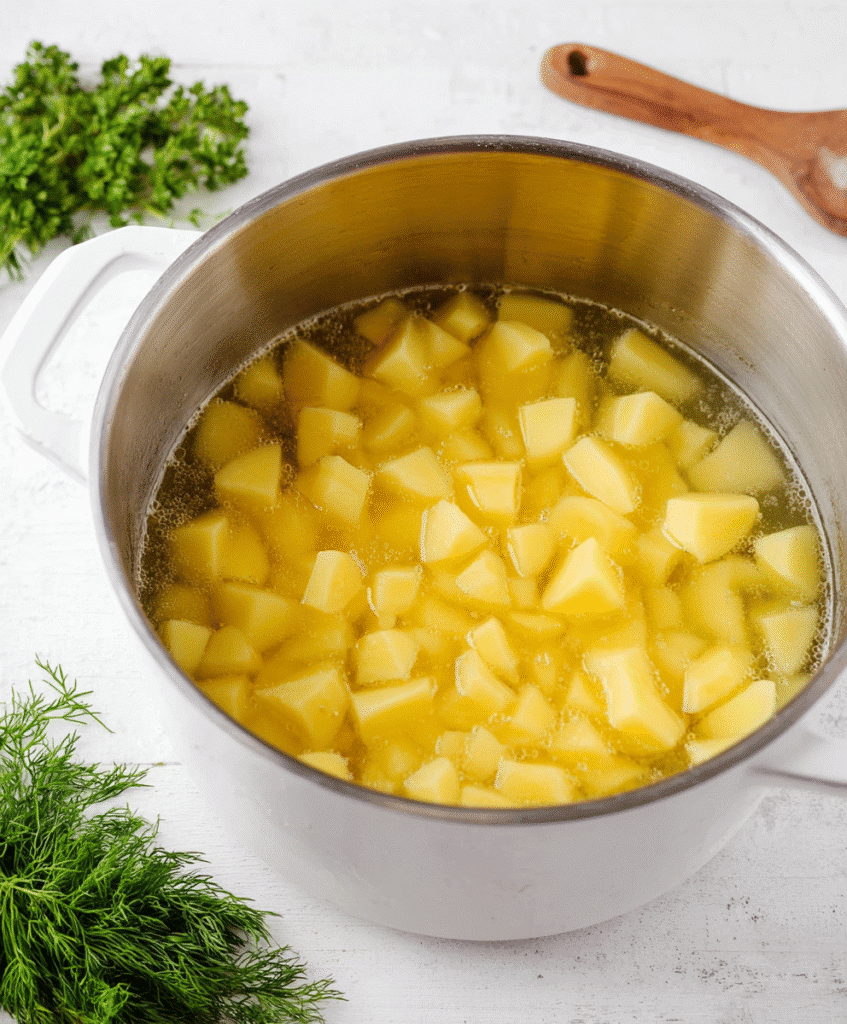 Gluten-Free Potato Salad – A Tangy & Creamy Favorite for Every Season 4 Yukon Gold potatoes boiling in a white pot for gluten-free salad