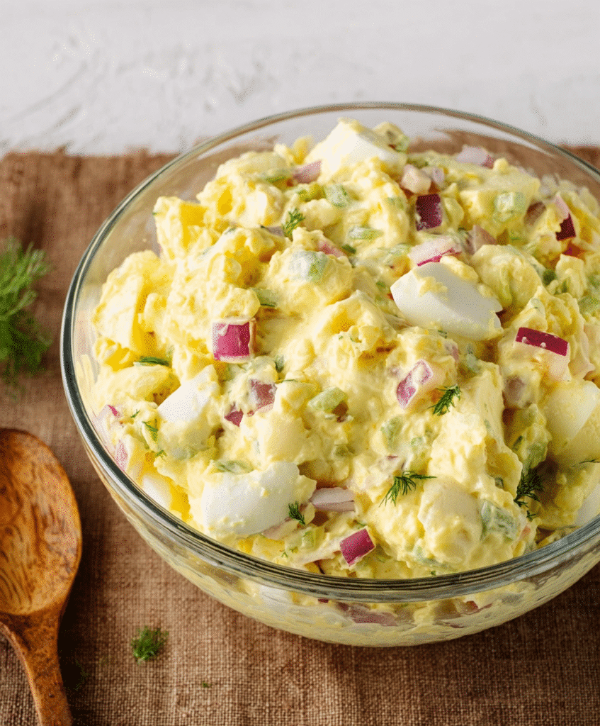Gluten-Free Potato Salad – A Tangy & Creamy Favorite for Every Season 7 Finished gluten-free potato salad fully mixed in a glass bowl