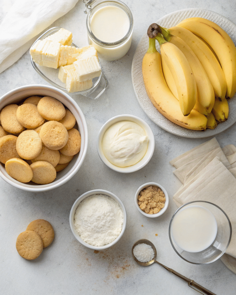 The Ultimate Guide to Making Gluten-Free Banana Pudding at Home 3 ingredients for gluten-free banana pudding including wafers, bananas, and cream