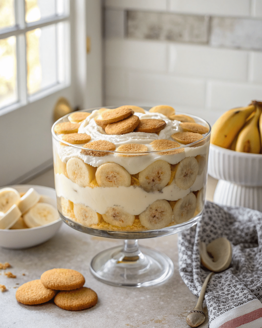 The Ultimate Guide to Making Gluten-Free Banana Pudding at Home 2 layered gluten-free banana pudding in trifle dish with banana slices
