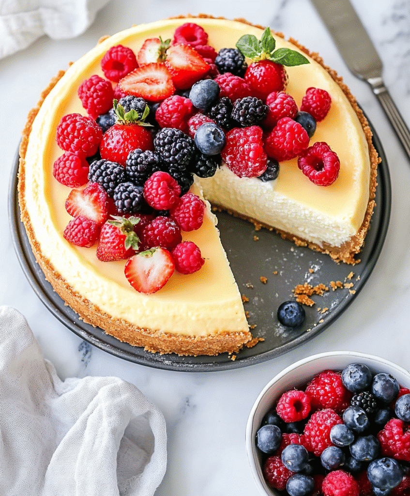 Ultimate Guide to Gluten Free Cheesecake: Tips, Recipe, and Variations 7 Side view of Gluten-Free Cheesecake with golden crust and berries