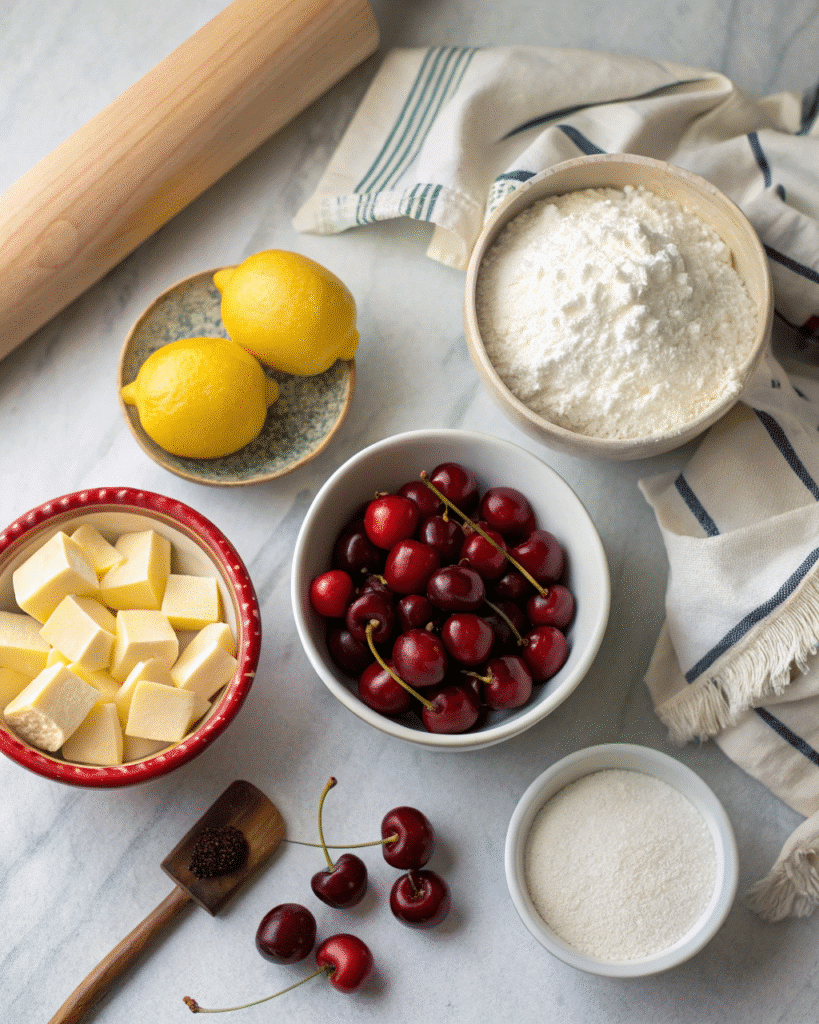Gluten-Free Cherry Pie: The Ultimate Guide for a Perfect Summer Dessert 3 Gluten-free cherry pie ingredients including cherries, flour, and butter