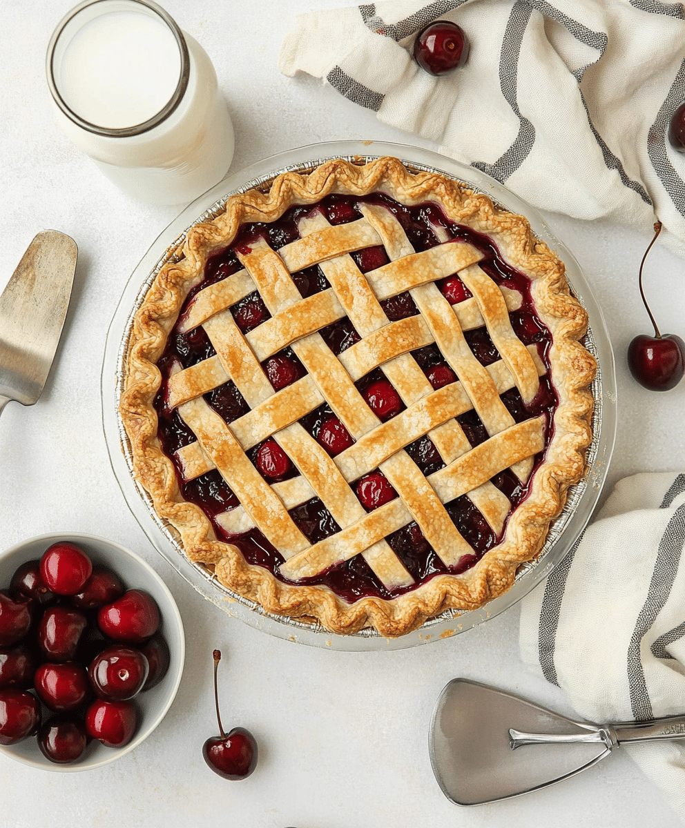 Gluten-Free Cherry Pie: The Ultimate Guide for a Perfect Summer Dessert 2 Overhead view of a gluten-free cherry pie with a golden lattice crust surrounded by cherries