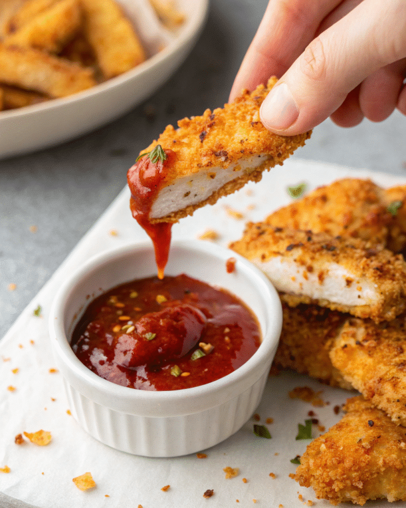 Gluten Free Chicken Tenders: The Ultimate Guide for a Crispy, Delicious Meal 10 Gluten free chicken tender dipped into ketchup.