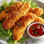 Gluten Free Chicken Tenders: The Ultimate Guide for a Crispy, Delicious Meal 7 Crispy gluten free chicken tenders served with greens and ketchup.