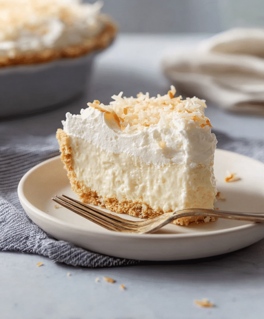 The Best Gluten-Free Coconut Cream Pie Recipe for Creamy Dessert Lovers 7 slice of gluten-free coconut cream pie on white plate with fork