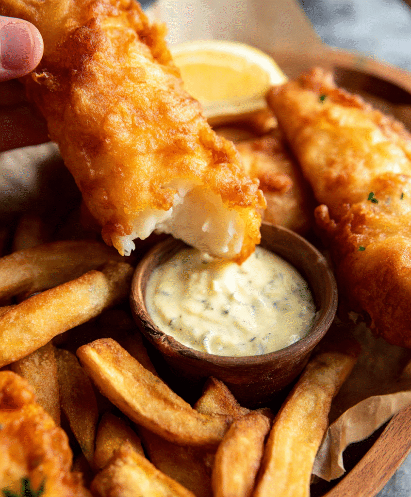 Gluten-Free Fish and Chips: The Ultimate Guide to Crispy Comfort Food 1 Gluten-free fish fillet dipped in tartar sauce with hand-cut fries