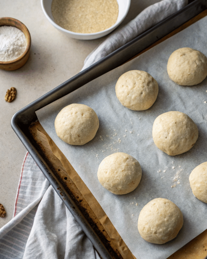 Gluten Free Hamburger Buns: Your Ultimate Guide to Fluffy, Flavorful Buns 9 Raw gluten free hamburger bun dough balls resting on a parchment-lined baking tray