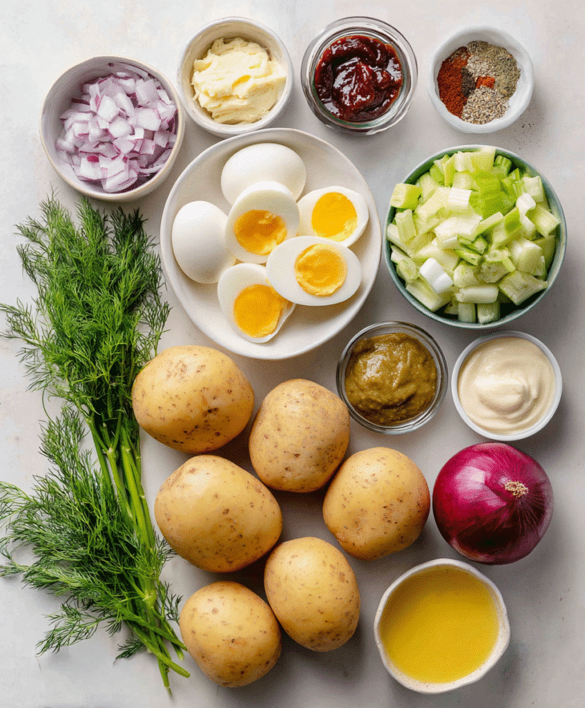Gluten-Free Potato Salad – A Tangy & Creamy Favorite for Every Season 3 Labeled ingredients for gluten-free potato salad on a white surface
