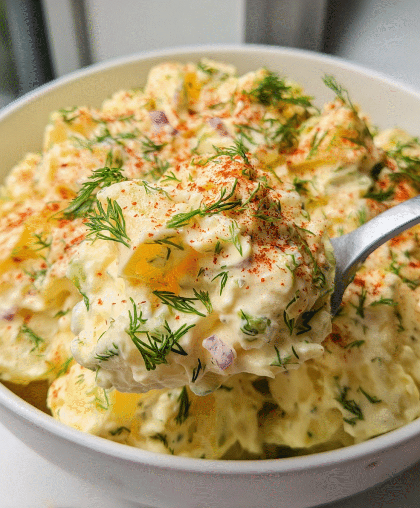 Gluten-Free Potato Salad – A Tangy & Creamy Favorite for Every Season 1 Close-up spoonful of gluten-free potato salad with dill and paprika