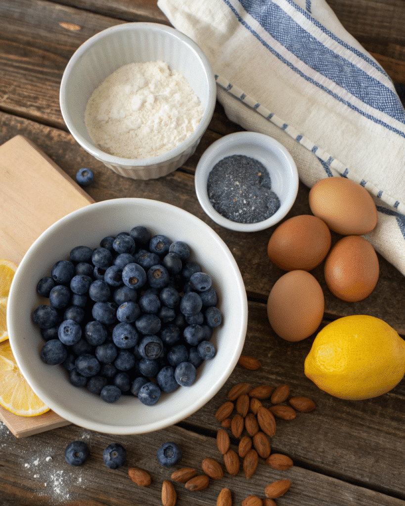 Blueberry Almond Clafoutis Gluten Free: The Perfect Easy Dessert 3 ingredients for blueberry almond clafoutis gluten free flat lay