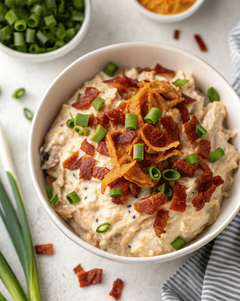 Instant Pot Crack Chicken: The Ultimate Creamy Comfort Food 6 Creamy Instant Pot Crack Chicken topped with crispy bacon and green onions in a white bowl.