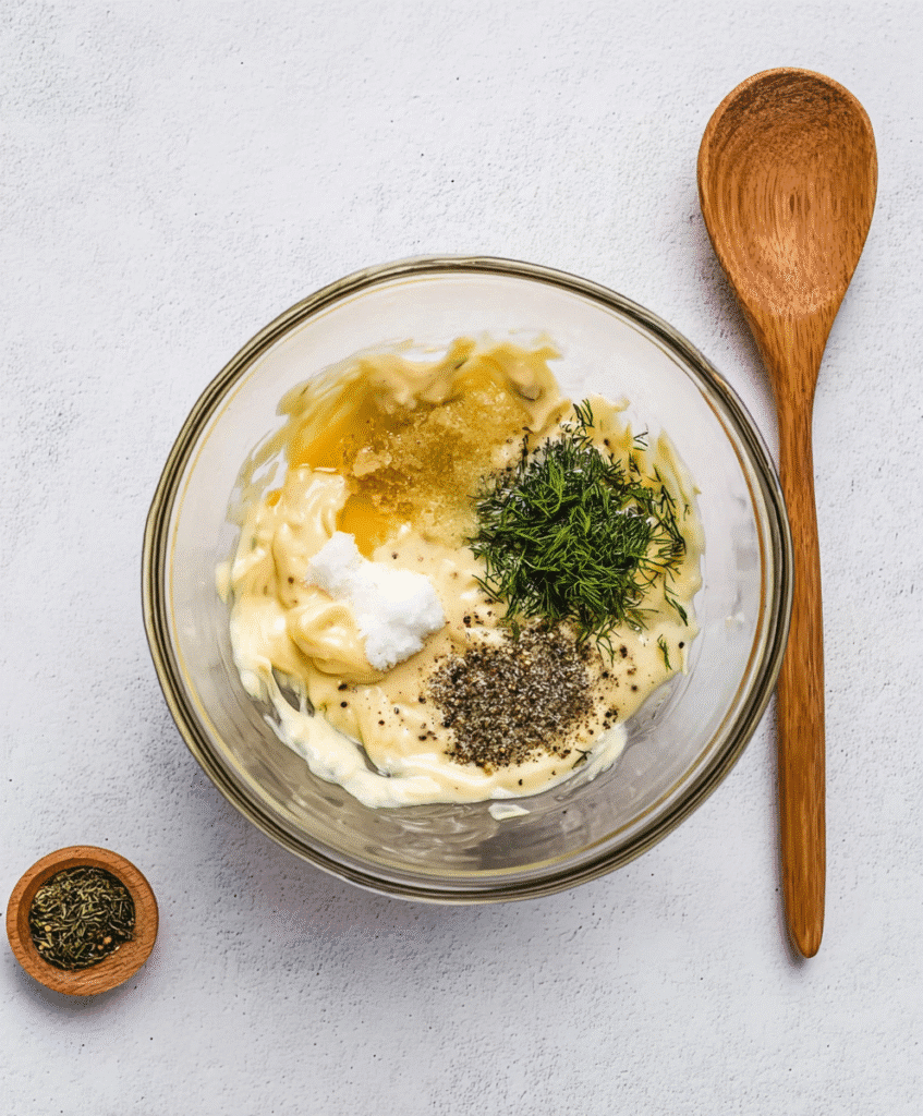 Gluten-Free Potato Salad – A Tangy & Creamy Favorite for Every Season 5 Ingredients for gluten-free potato salad dressing in glass bowl