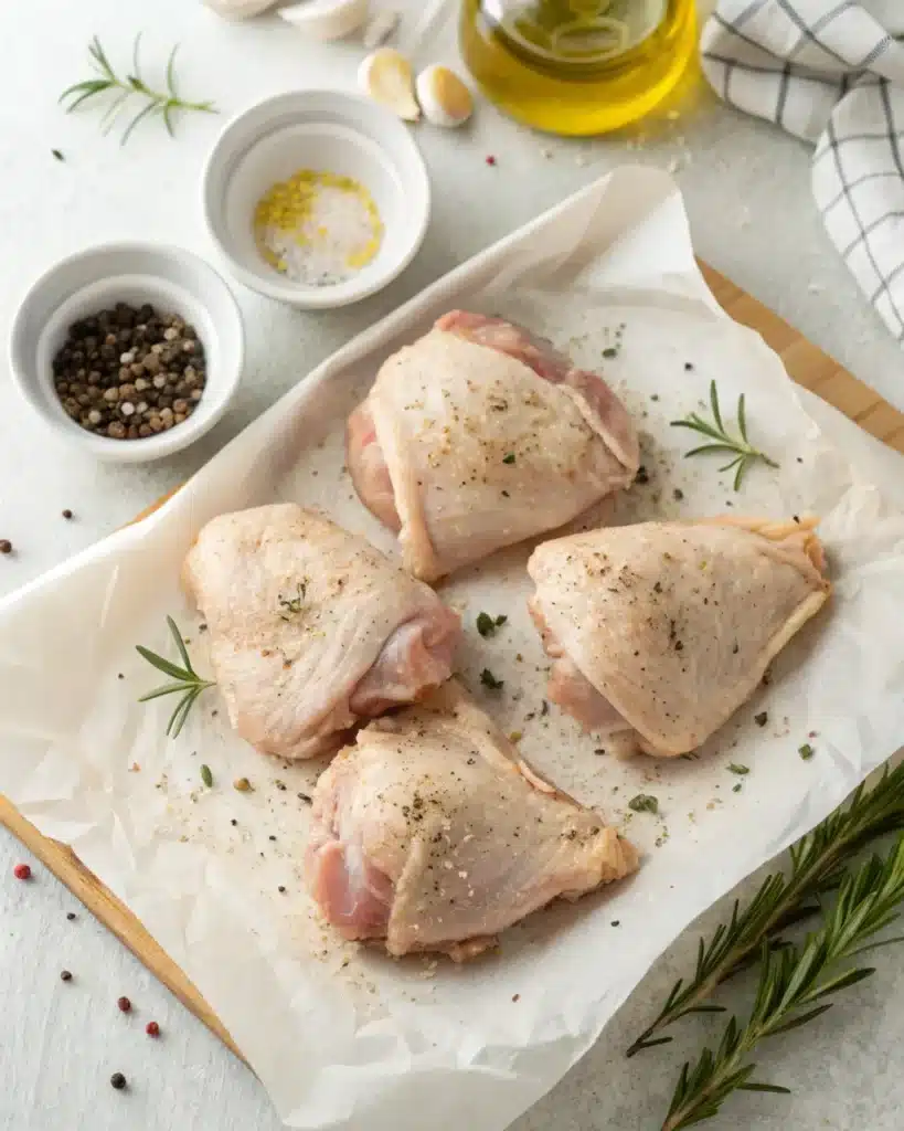 Crispy Baked BBQ Chicken Thighs {Gluten-Free, Dairy-Free Option}: The Ultimate Guide 7 Raw chicken thighs seasoned for crispy baked BBQ chicken preparation
