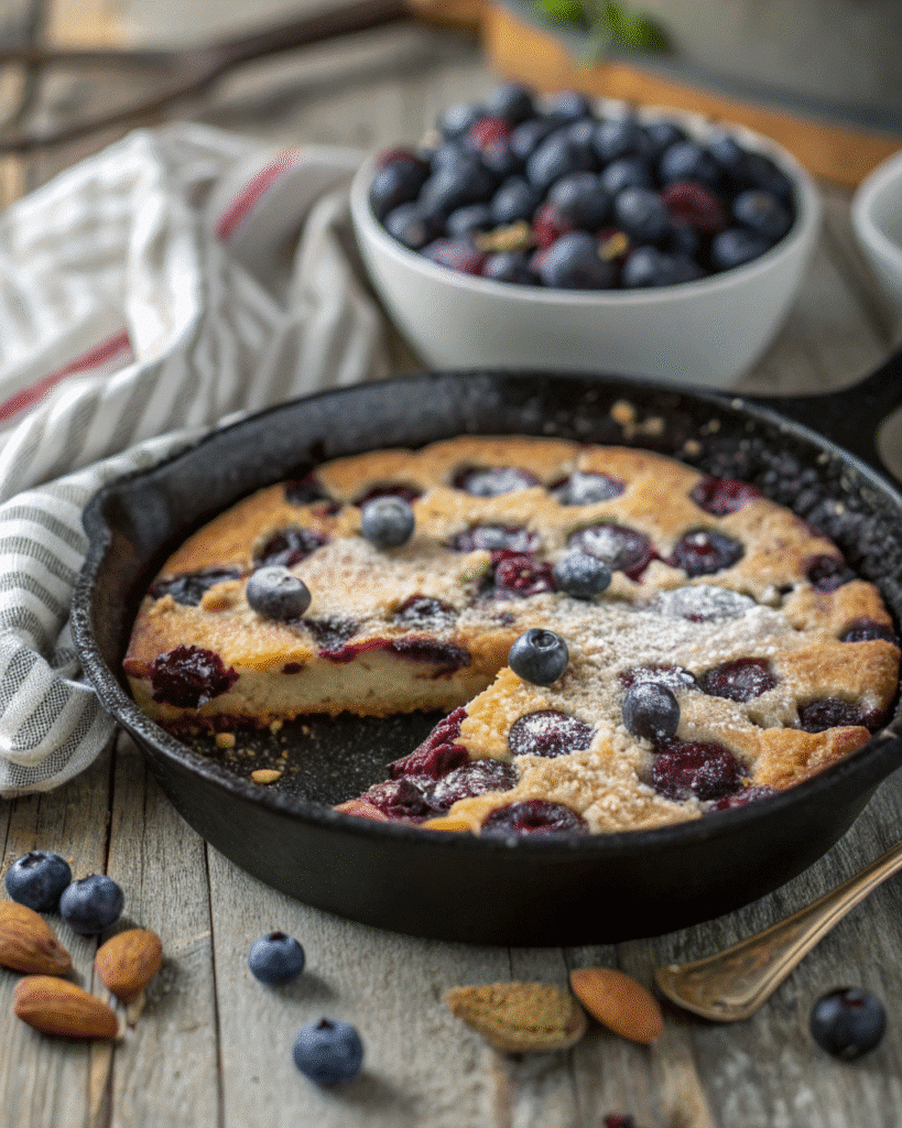 Blueberry Almond Clafoutis Gluten Free: The Perfect Easy Dessert 5 serving blueberry almond clafoutis gluten free skillet close up