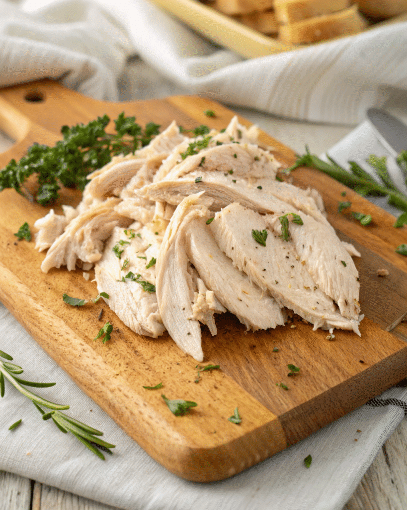Instant Pot Crack Chicken: The Ultimate Creamy Comfort Food 9 Shredded chicken breast seasoned with herbs on a wooden board for Crack Chicken recipe.