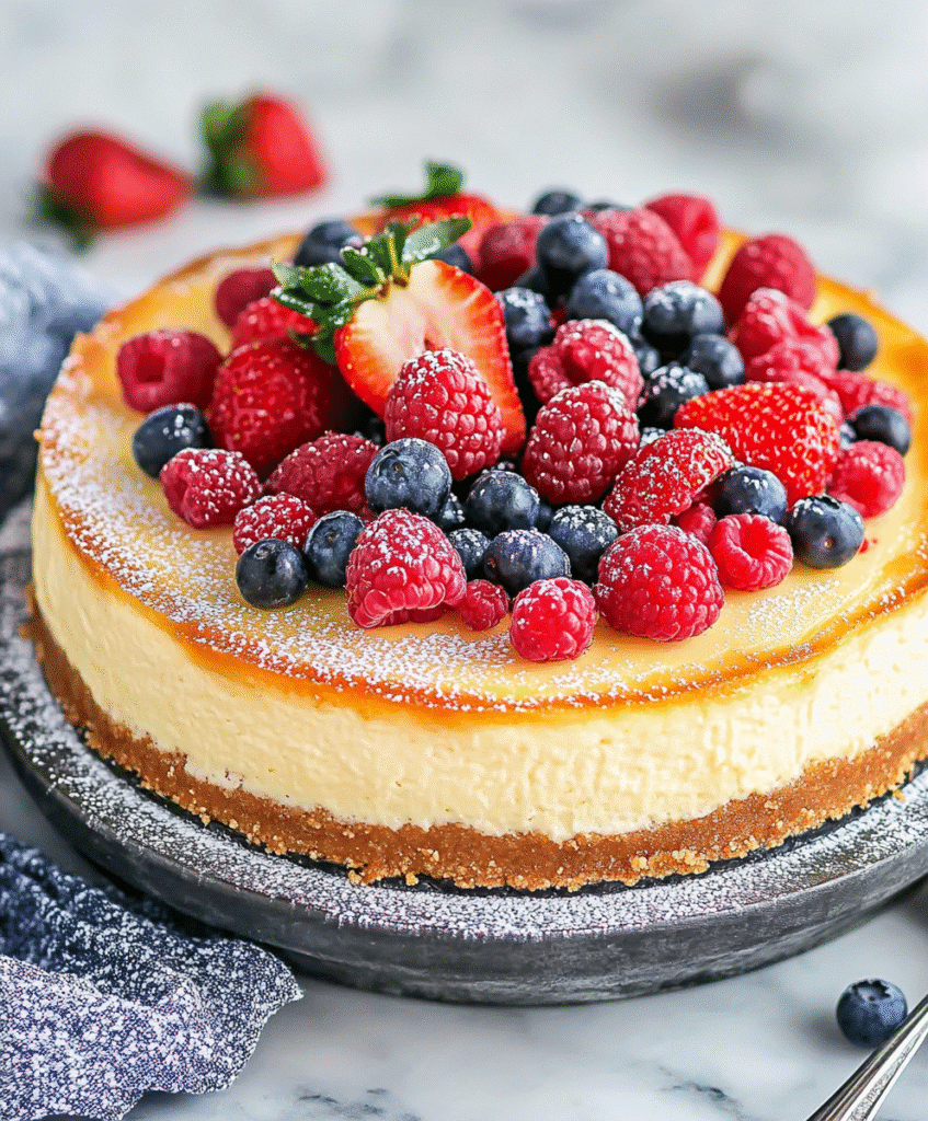 Ultimate Guide to Gluten Free Cheesecake: Tips, Recipe, and Variations 1 Side view of Gluten-Free Cheesecake with golden crust and berries