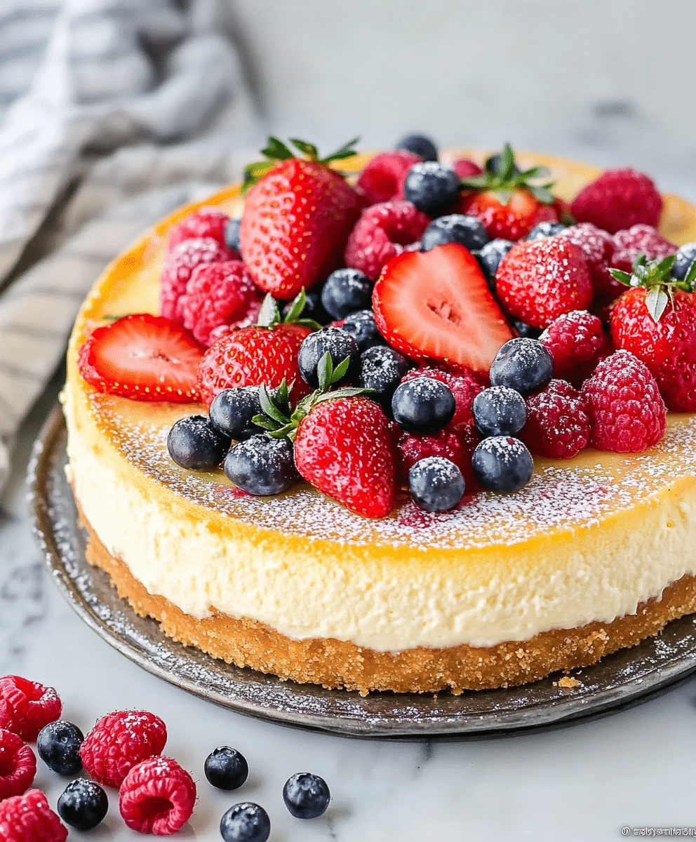 Ultimate Guide to Gluten Free Cheesecake: Tips, Recipe, and Variations 2 Side view of Gluten-Free Cheesecake with golden crust and berries2
