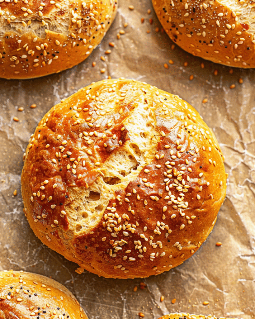 Gluten Free Hamburger Buns: Your Ultimate Guide to Fluffy, Flavorful Buns 6 Fresh gluten free hamburger buns topped with sesame seeds arranged on parchment