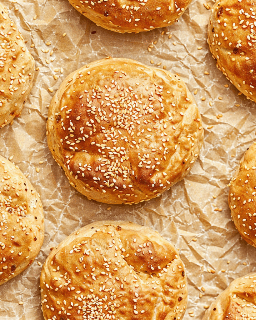 Gluten Free Hamburger Buns: Your Ultimate Guide to Fluffy, Flavorful Buns 10 Golden brown gluten free hamburger buns with sesame seeds on crinkled parchment paper