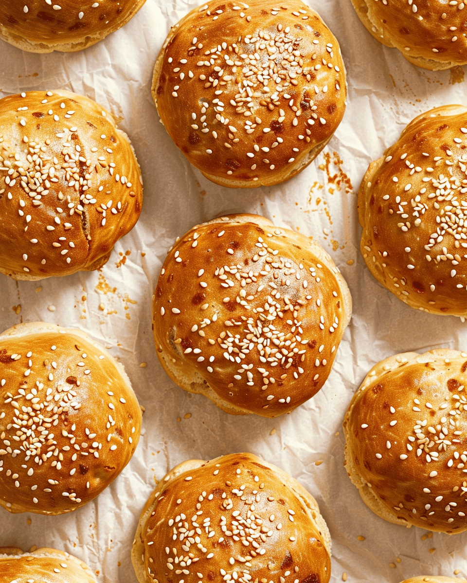 Gluten Free Hamburger Buns: Your Ultimate Guide to Fluffy, Flavorful Buns 2 Freshly baked gluten free hamburger buns with sesame seeds on parchment paper