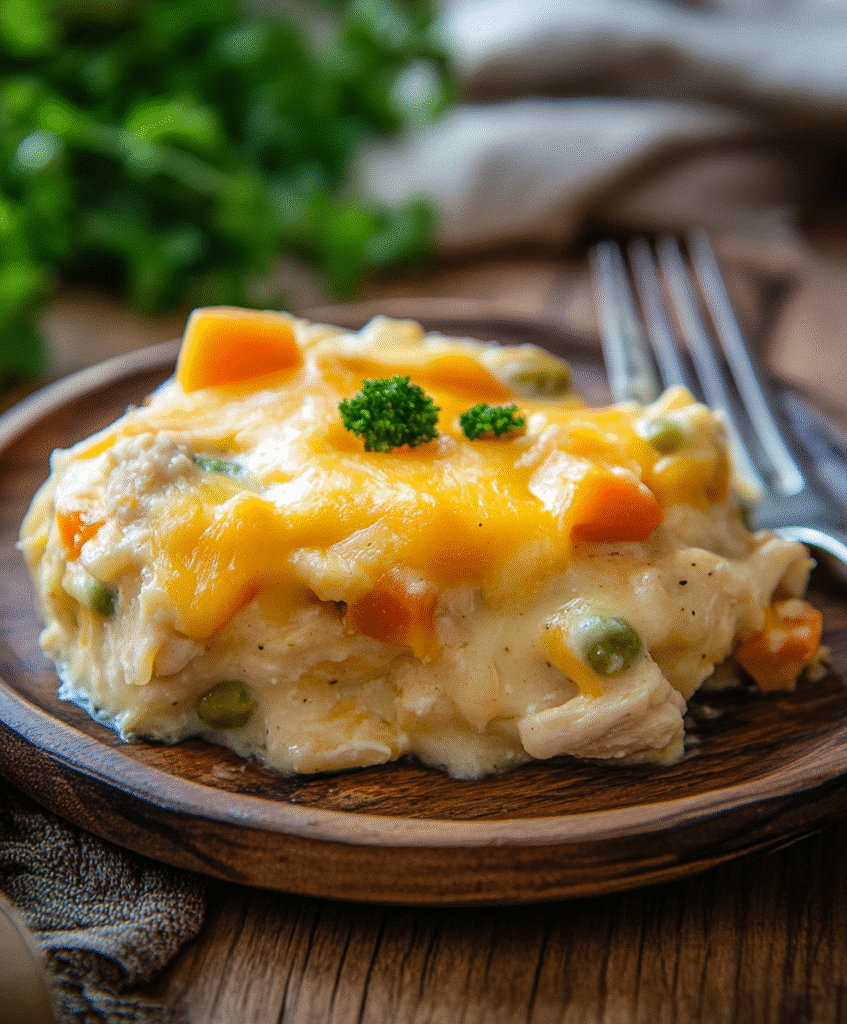 Gluten-Free Creamy Chicken Casserole: The Ultimate Comfort Dish for Sensitive Diets 1 gluten-free creamy chicken casserole on wooden plate with fork