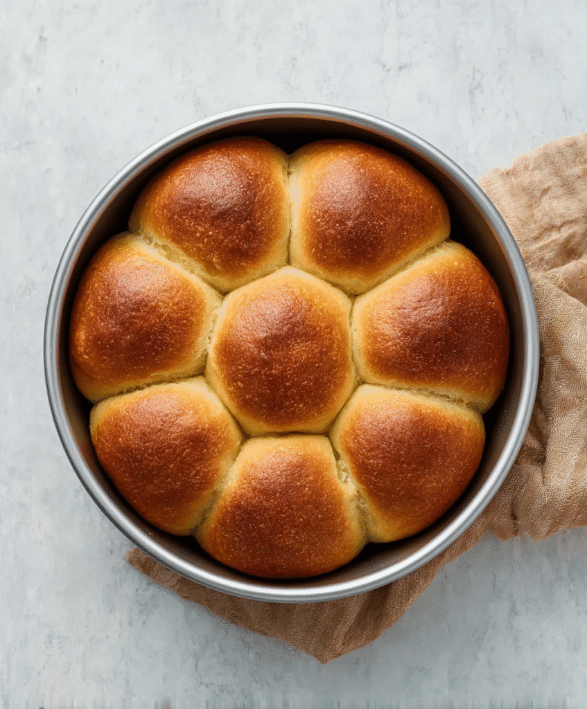 The Best Gluten-Free Dinner Rolls: Soft, Fluffy & Totally Irresistible 6 freshly baked gluten-free dinner rolls in a round pan