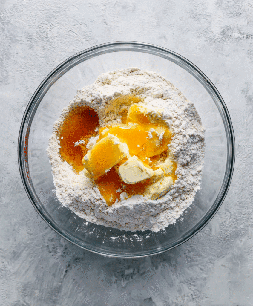 The Best Gluten-Free Dinner Rolls: Soft, Fluffy & Totally Irresistible 4 mixing bowl with gluten-free flour, eggs, butter, and honey
