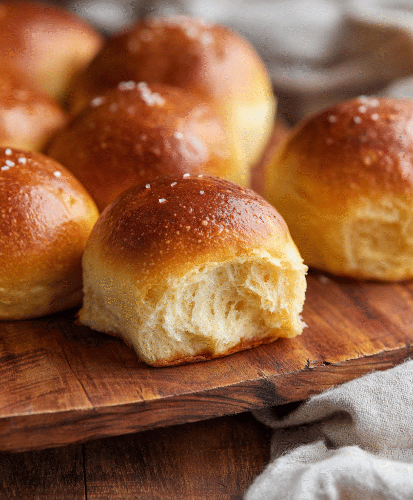 The Best Gluten-Free Dinner Rolls: Soft, Fluffy & Totally Irresistible 1 freshly baked gluten-free dinner rolls on a wooden board