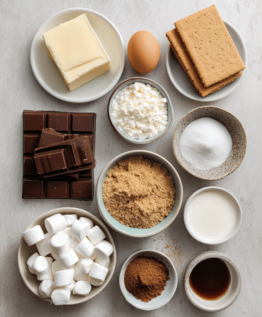 Gluten-Free S'mores Bars: The Ultimate Gooey Campfire Dessert Made Easy 3 Ingredients for gluten-free s’mores bars including graham crackers, chocolate, and marshmallows