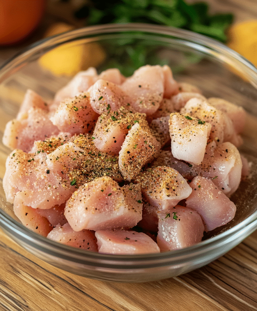 Gluten-Free Creamy Chicken Casserole: The Ultimate Comfort Dish for Sensitive Diets 4 seasoned raw chicken cubes for gluten-free casserole