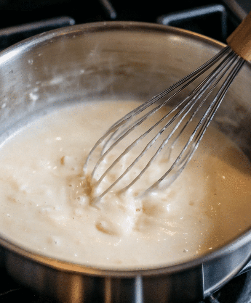 Gluten-Free Creamy Chicken Casserole: The Ultimate Comfort Dish for Sensitive Diets 6 whisking gluten-free creamy cheese sauce for casserole